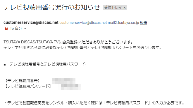 テレビ視聴用番号発行のお知らせメール