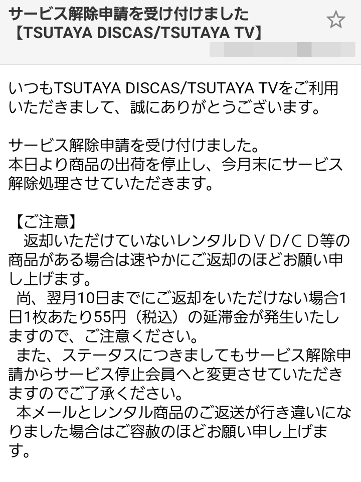 ツタヤディスカス 「サービス解除申請を受け付けました」メール